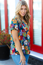 Teal & Maroon Flat Floral Print Top