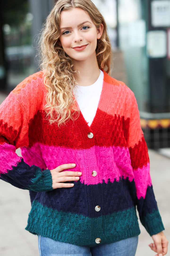 Make Your Day Magenta Honeycomb Knit Button Down Cardigan