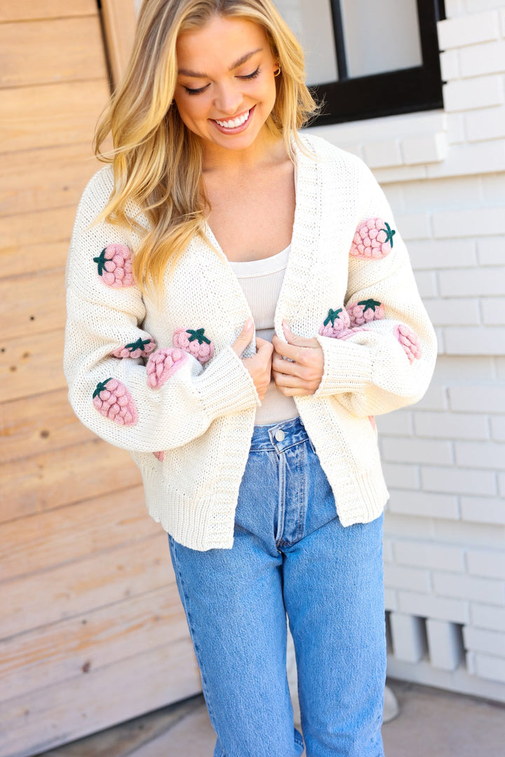 Fell In Love Cream Strawberry Crochet Balloon Sleeve Cardigan