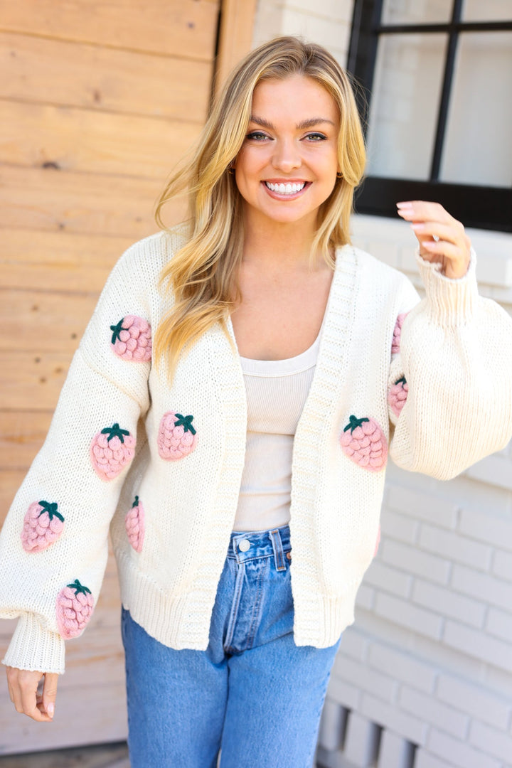 Fell In Love Cream Strawberry Crochet Balloon Sleeve Cardigan