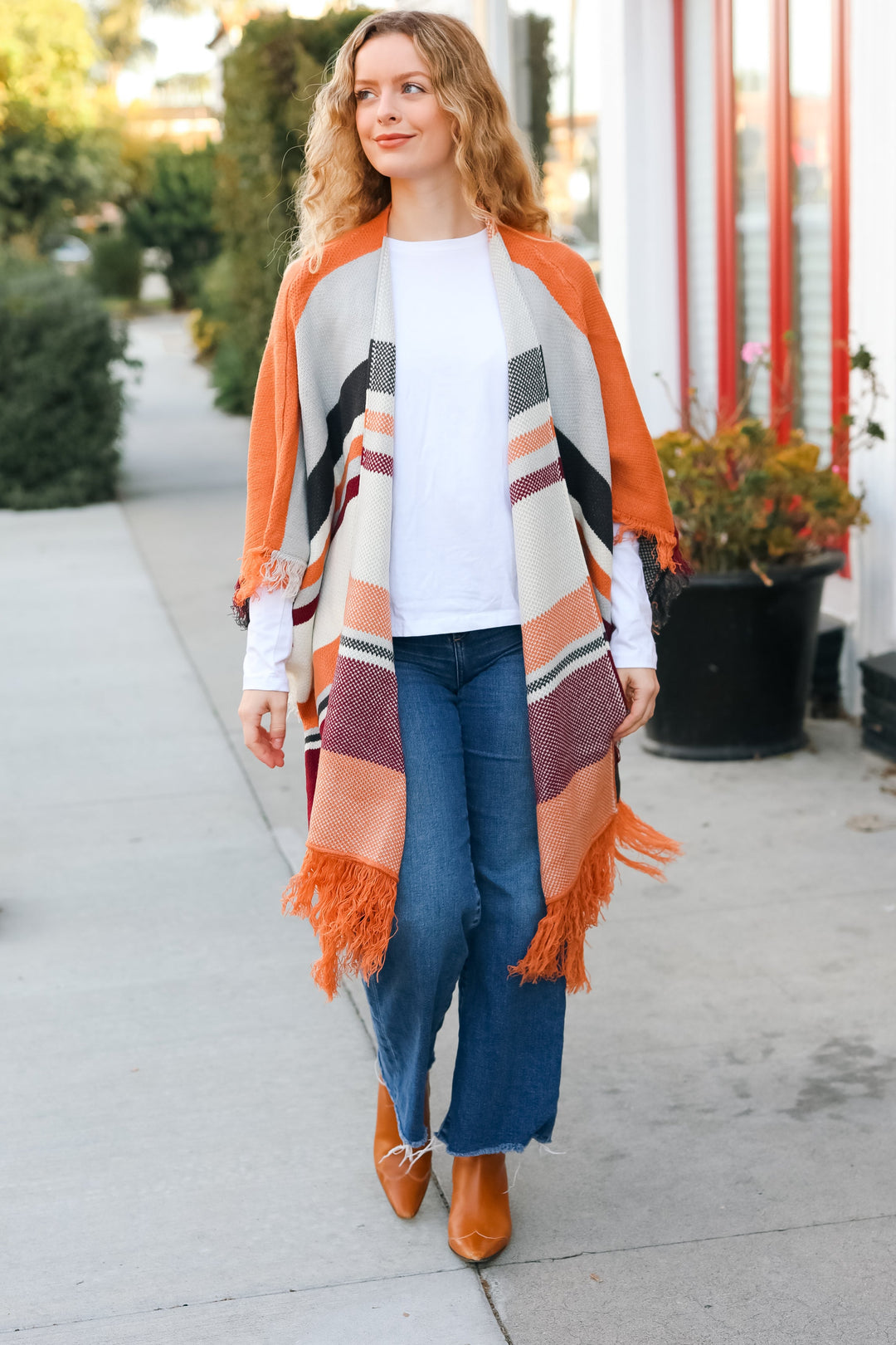 Feeling Special Grey & Rust Striped Tassel Fringe Open Poncho