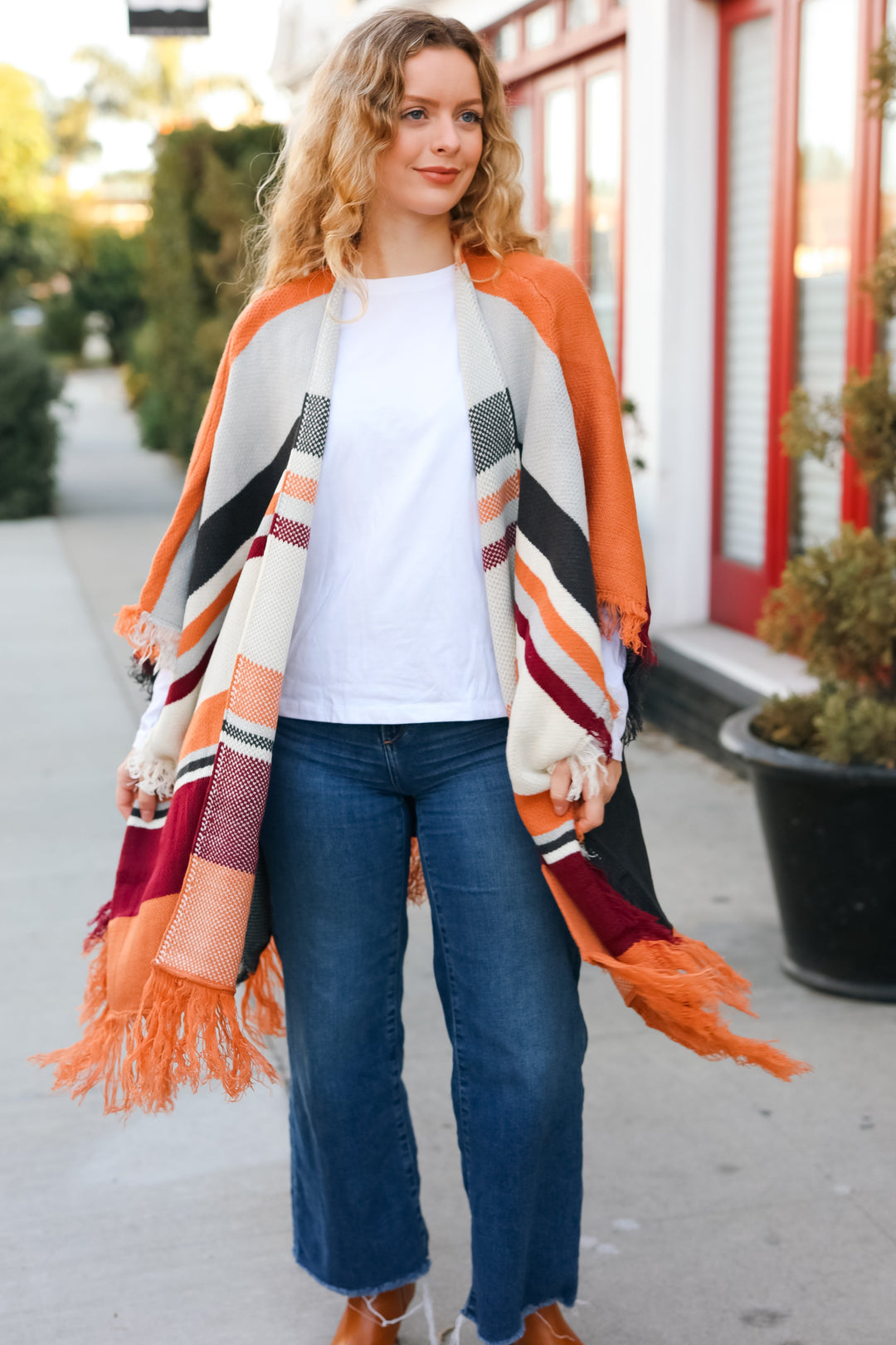 Feeling Special Grey & Rust Striped Tassel Fringe Open Poncho