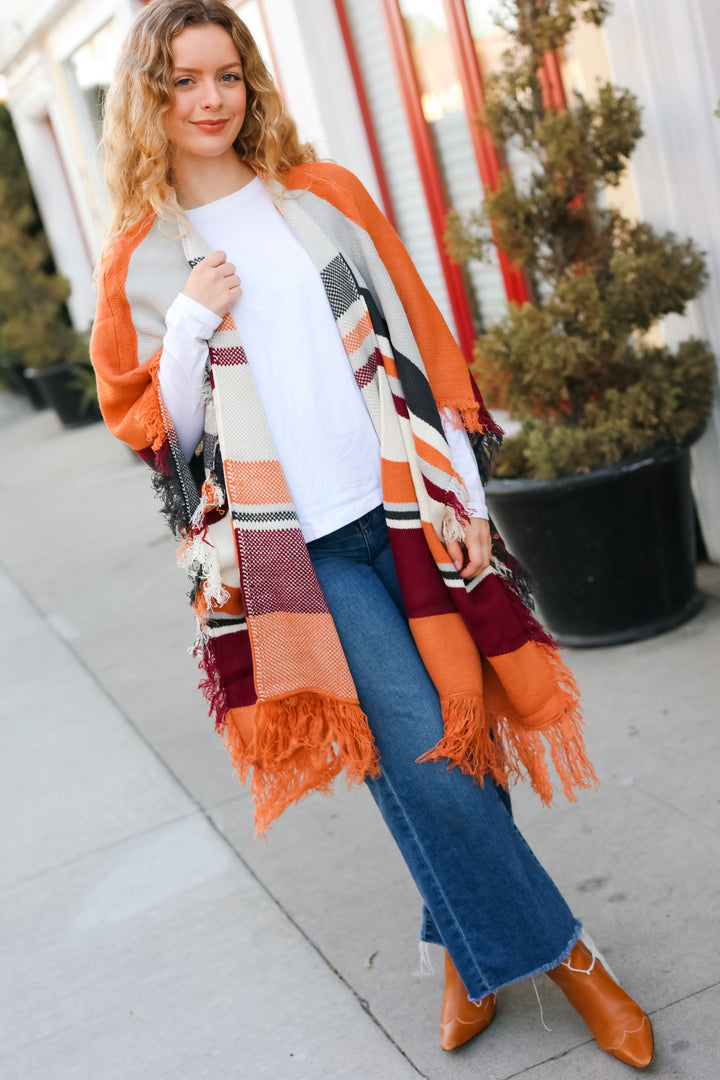 Feeling Special Grey & Rust Striped Tassel Fringe Open Poncho