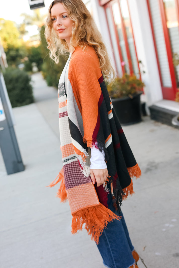 Feeling Special Grey & Rust Striped Tassel Fringe Open Poncho