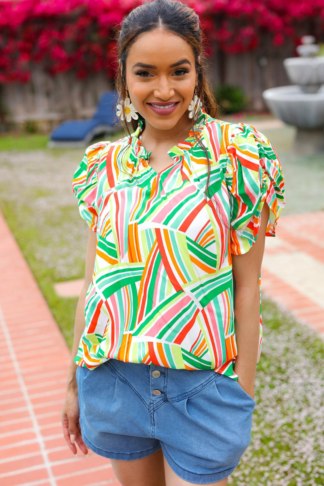 Hello Beautiful Green & Orange Geo Frill Notch Neck Puff Sleeve Top