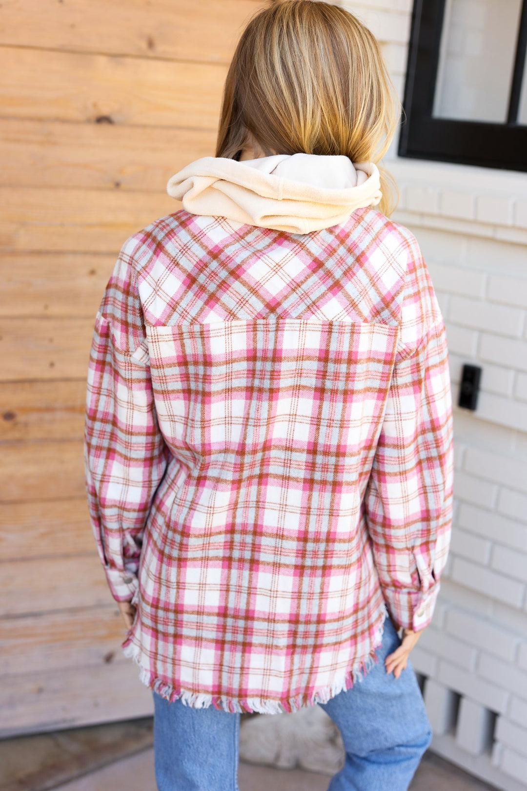 Make Your Day Pink Plaid Frayed Hoodie Jacket