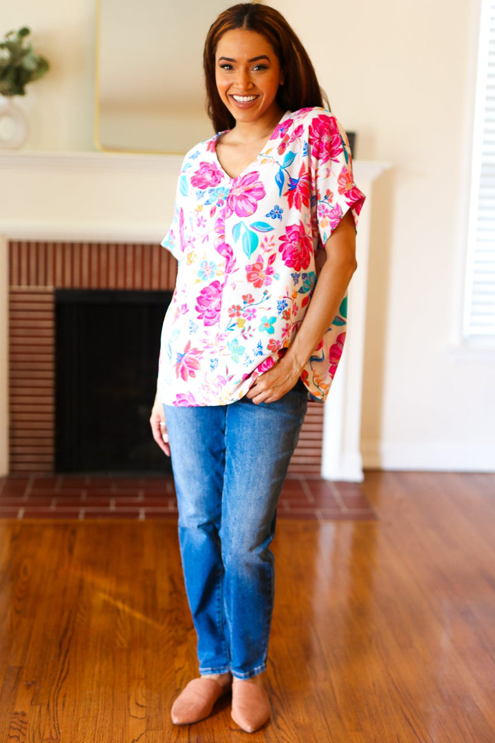 Embrace The Day Ivory & Fuchsia Floral V Neck Woven Top