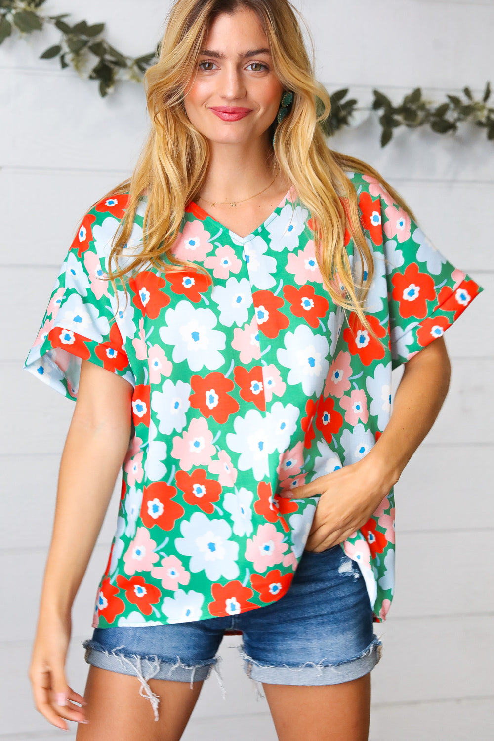 Multicolor Flat Floral V Neck Drop Shoulder Top