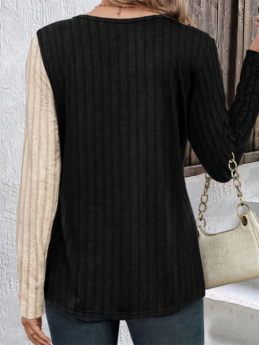 Decorative Button Contrast Round Neck Long Sleeve T-Shirt