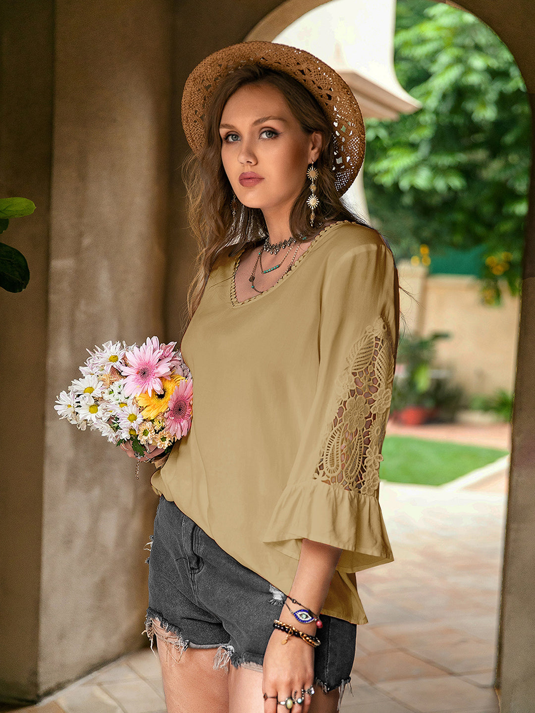 Plus Size Lace Detail V-Neck Flounce Sleeve Blouse