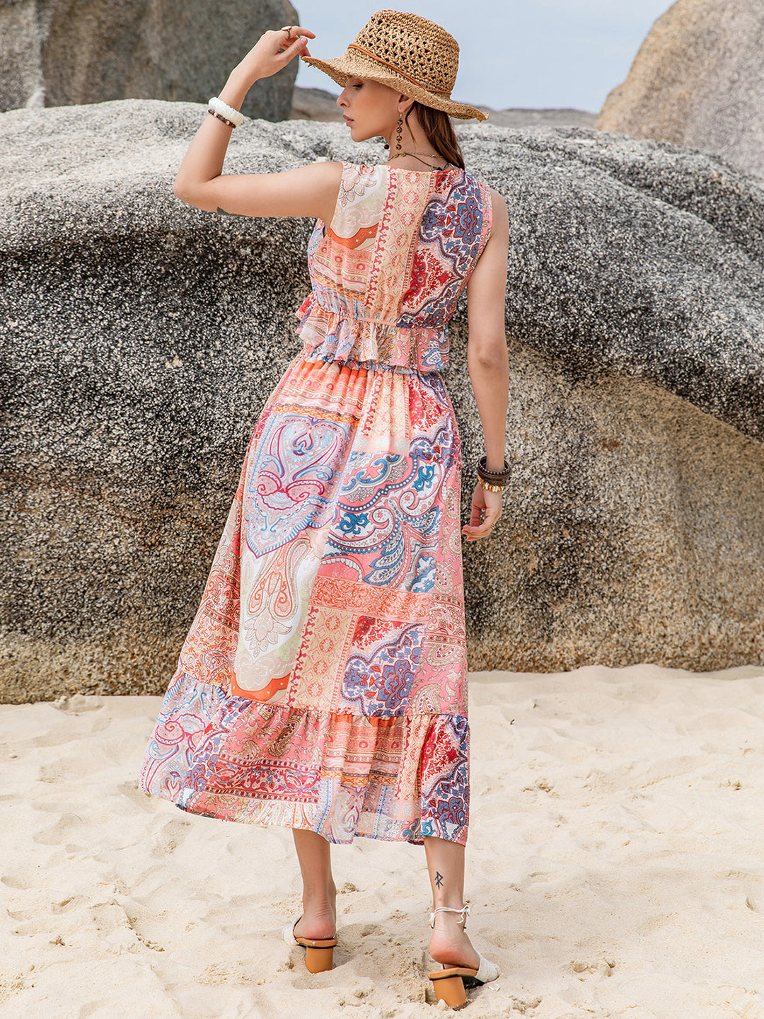 Printed V-Neck Top and Midi Skirt Set