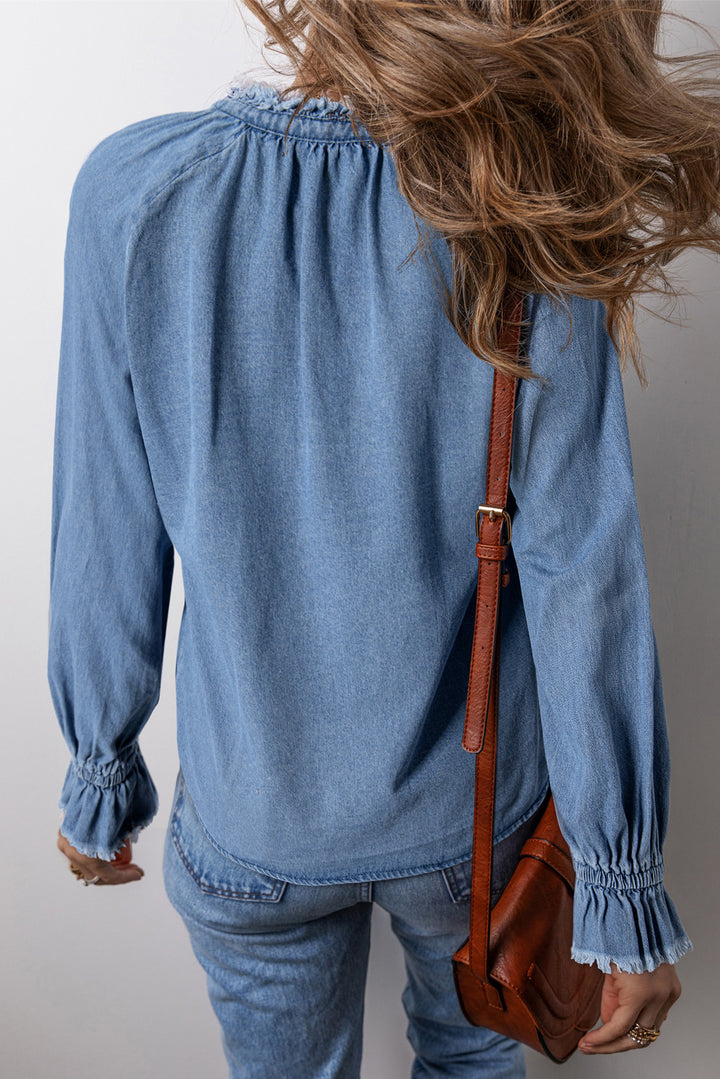 Half Button Long Sleeve Denim Top