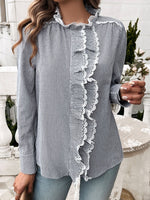 Lace Detail Ruffled Round Neck Long Sleeve Shirt
