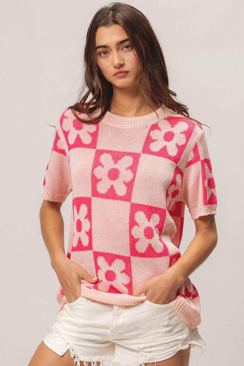 BiBi Flower Checker Pattern Short Sleeve Sweater