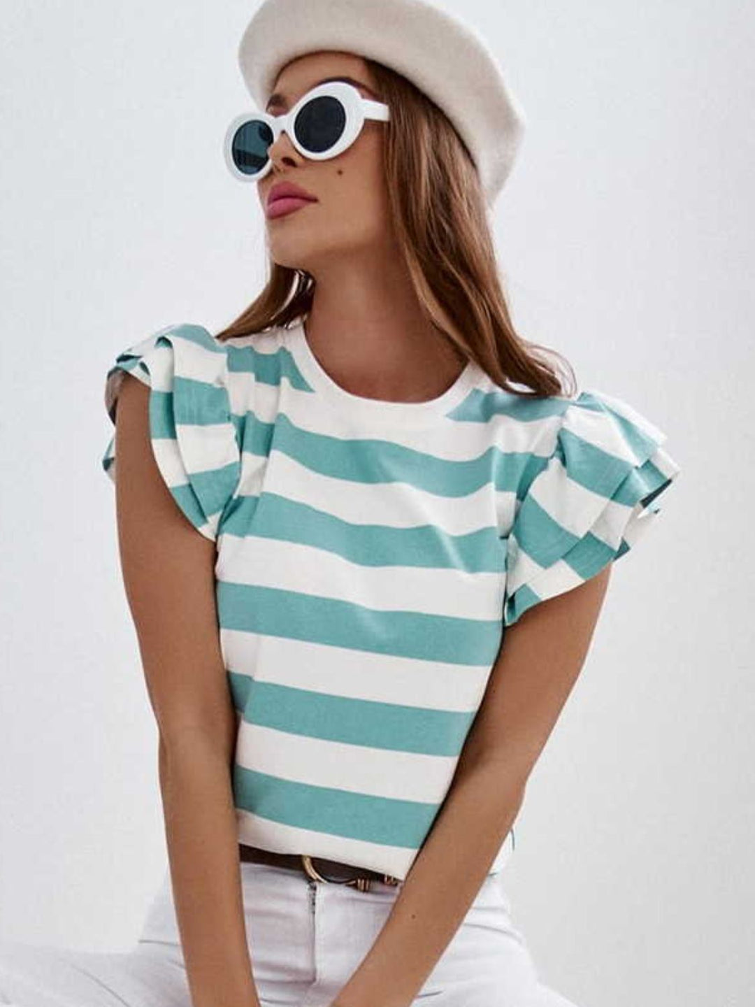 Full Size Striped Round Neck Cap Sleeve T-Shirt