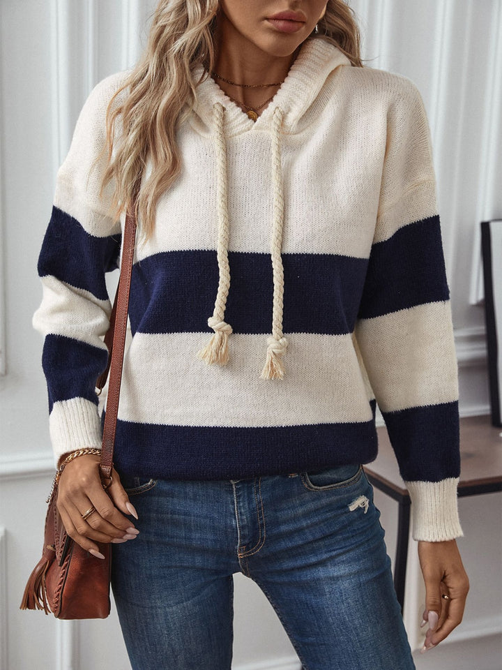 Drawstring Contrast Stripe Dropped Shoulder Hooded Sweater