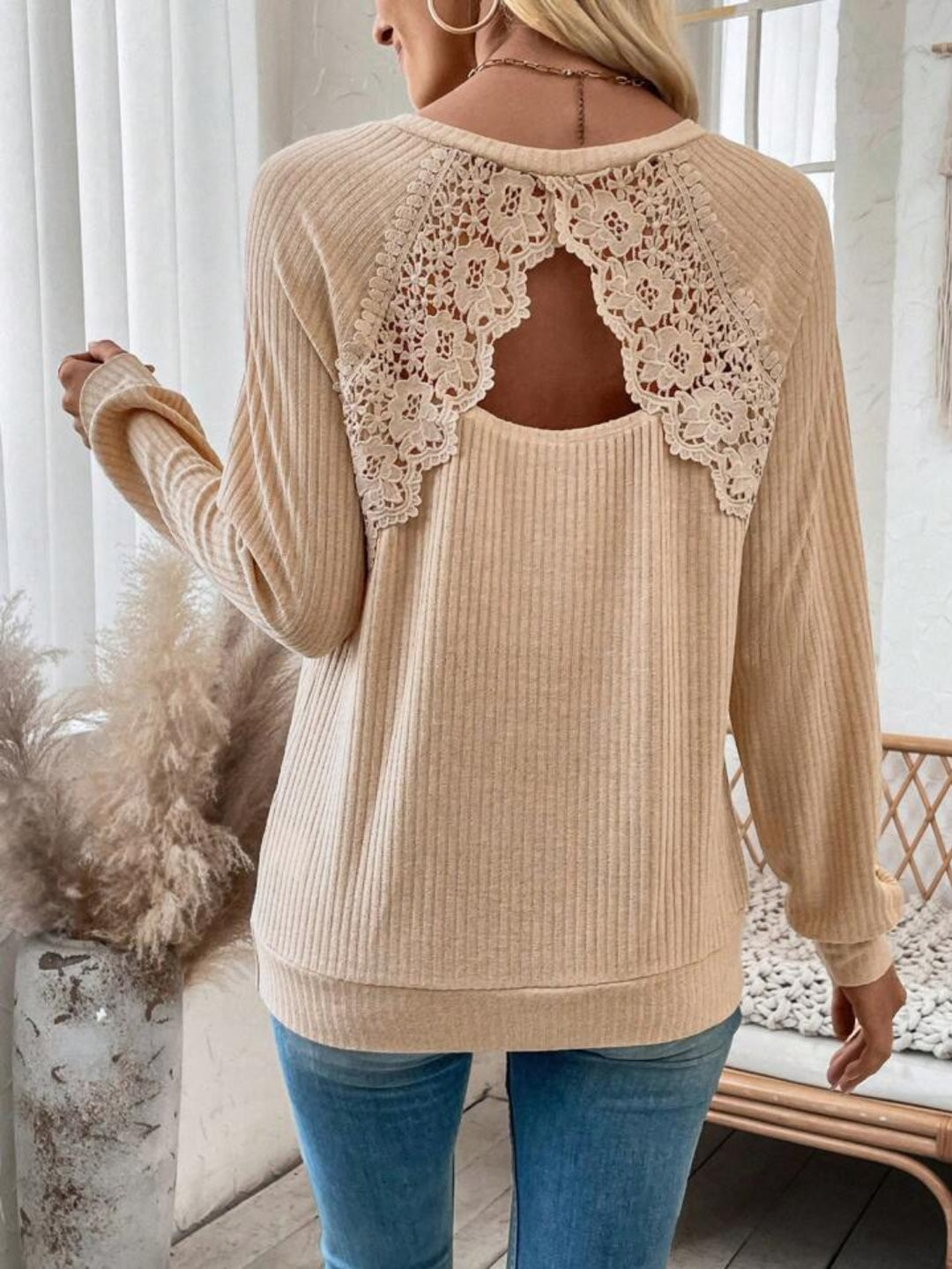 Lace Detail Cutout V-Neck Long Sleeve T-Shirt