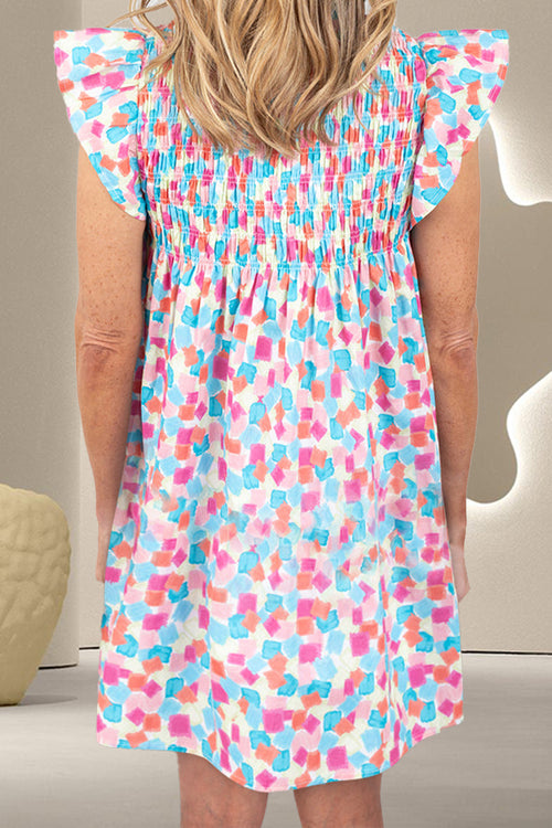 Smocked Smocked Notched Cap Sleeve Mini Dress