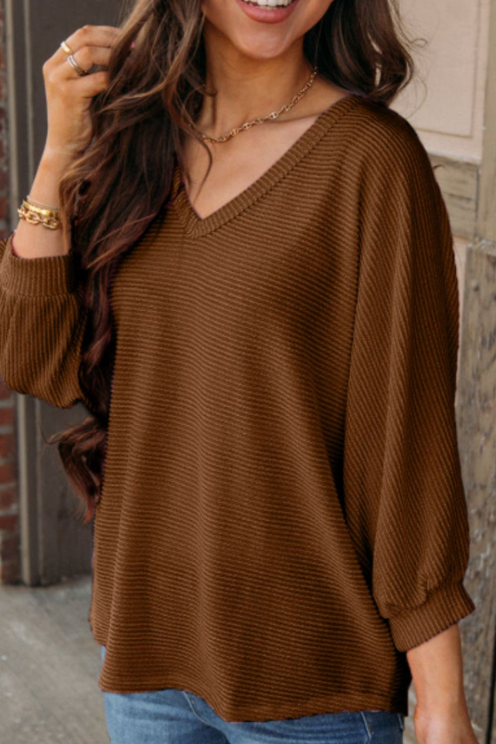 Texture V-Neck Long Sleeve Top