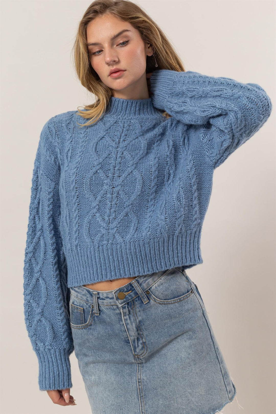 HYFVE Cable-Knit Mock Neck Dropped Shoulder Sweater