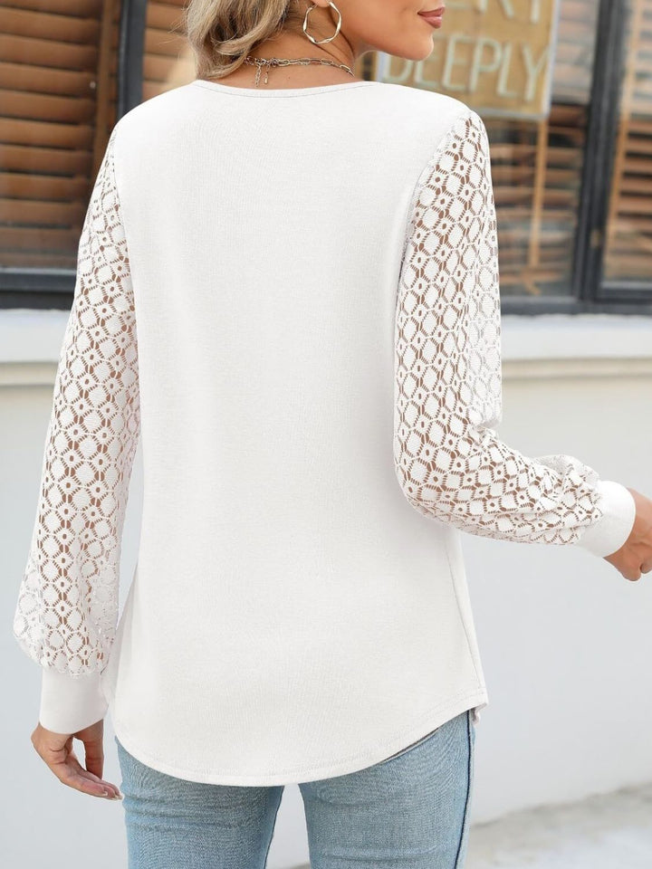 Cutout Round Neck Lace Long Sleeve Blouse