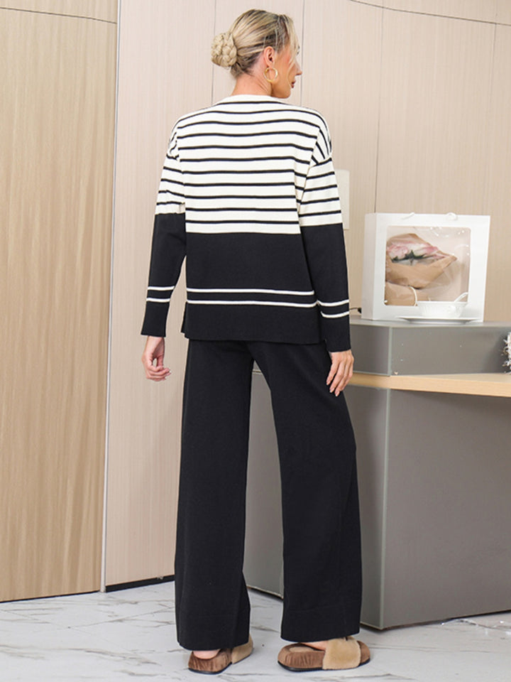 Basic Bae Striped Round Neck Long Sleeve Top and Pants Sweater Set