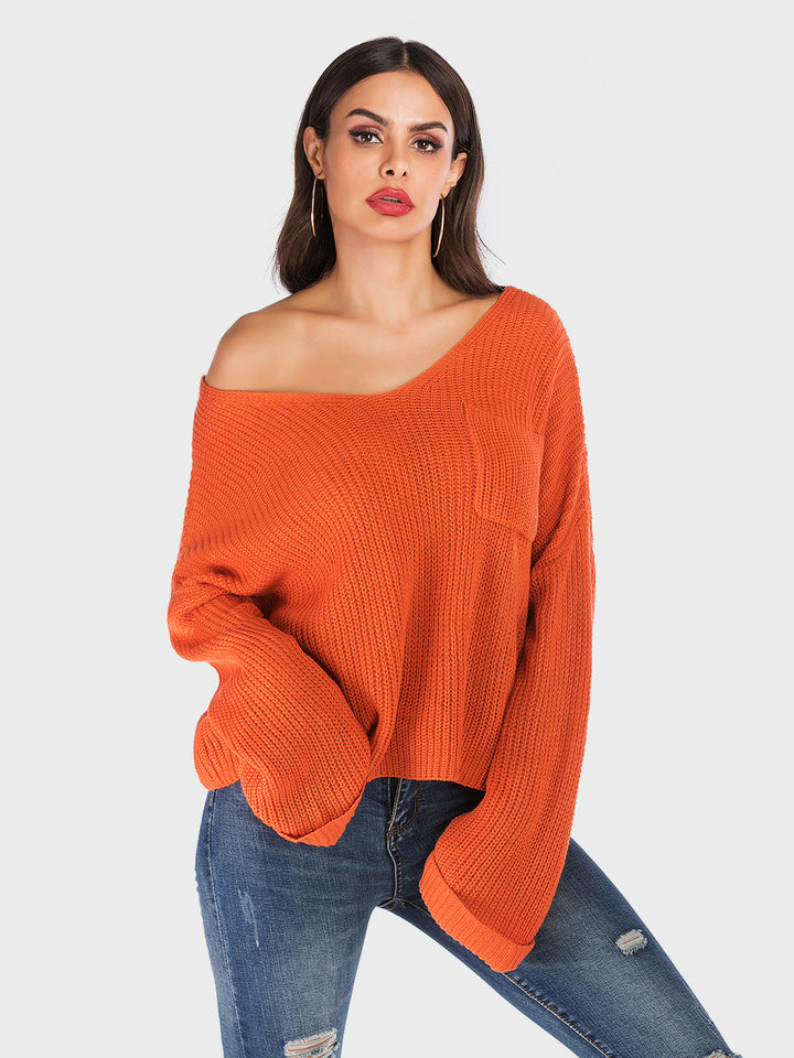 Perfee V-Neck Dropped Shoulder Long Sleeve Sweater