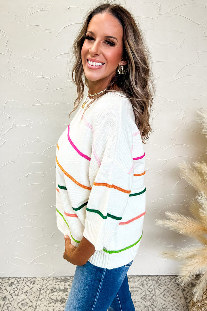 Striped Half Sleeve Drop Shoulder Sweater