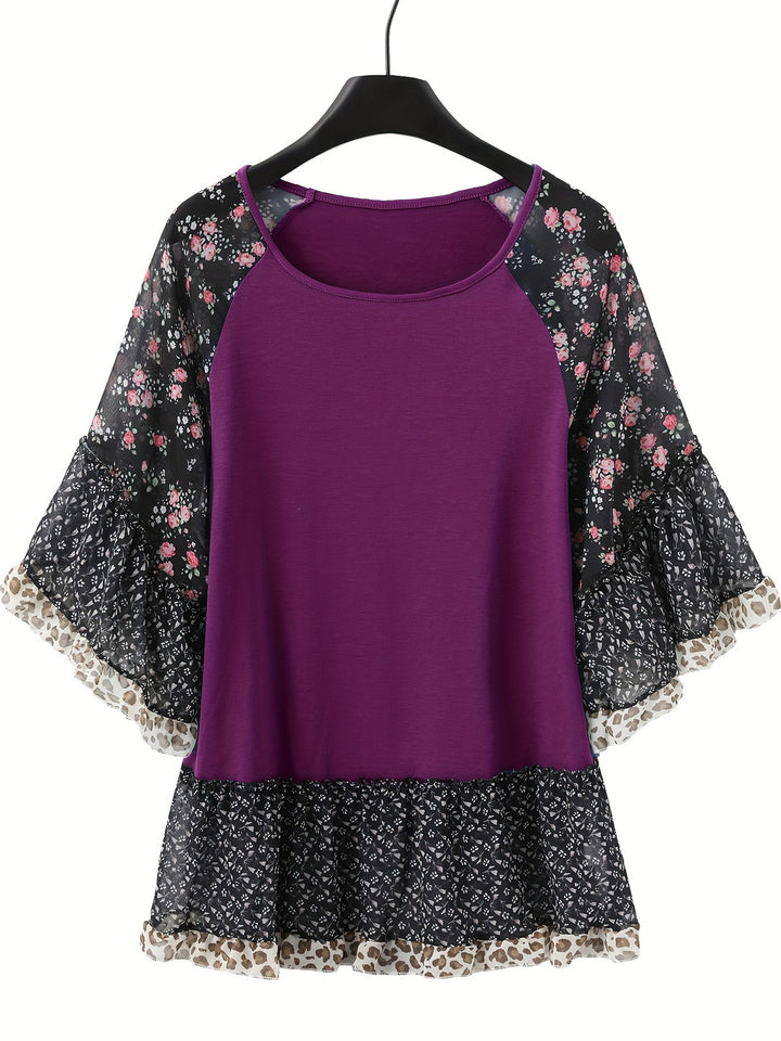 Full Size Frill Printed Round Neck Half Sleeve Blouse