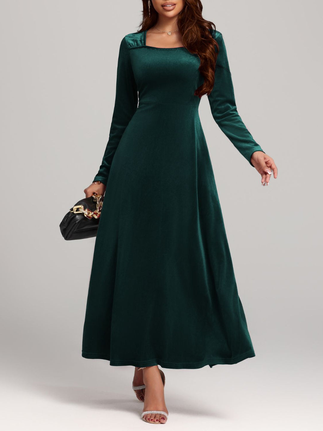 Square Neck Long Sleeve Velvet Dress