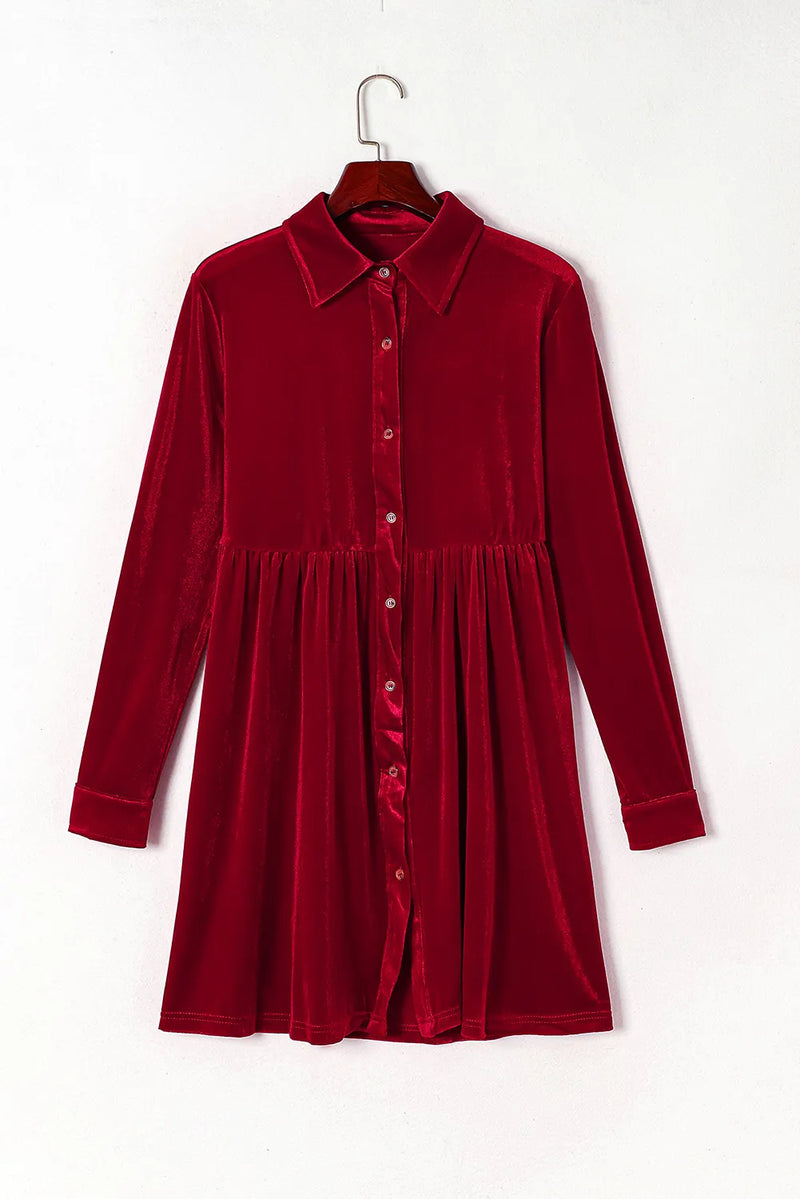 Ruched Button Up Collared Neck Long Sleeve Shirt Dress