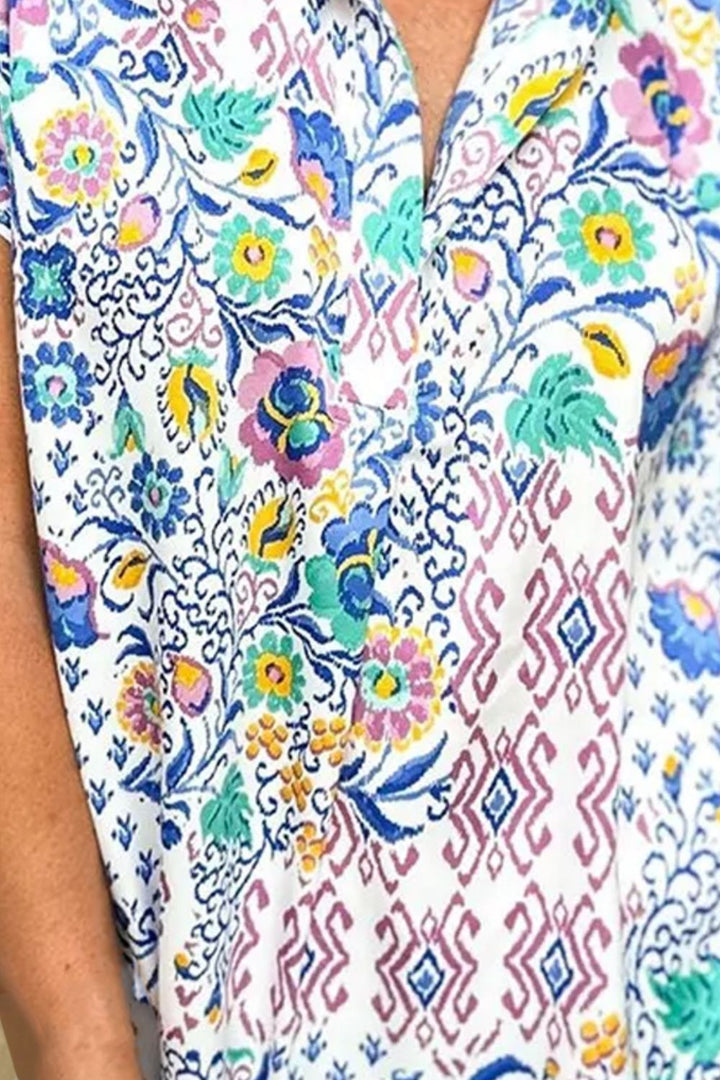 Printed Collared Neck Short Sleeve Blouse