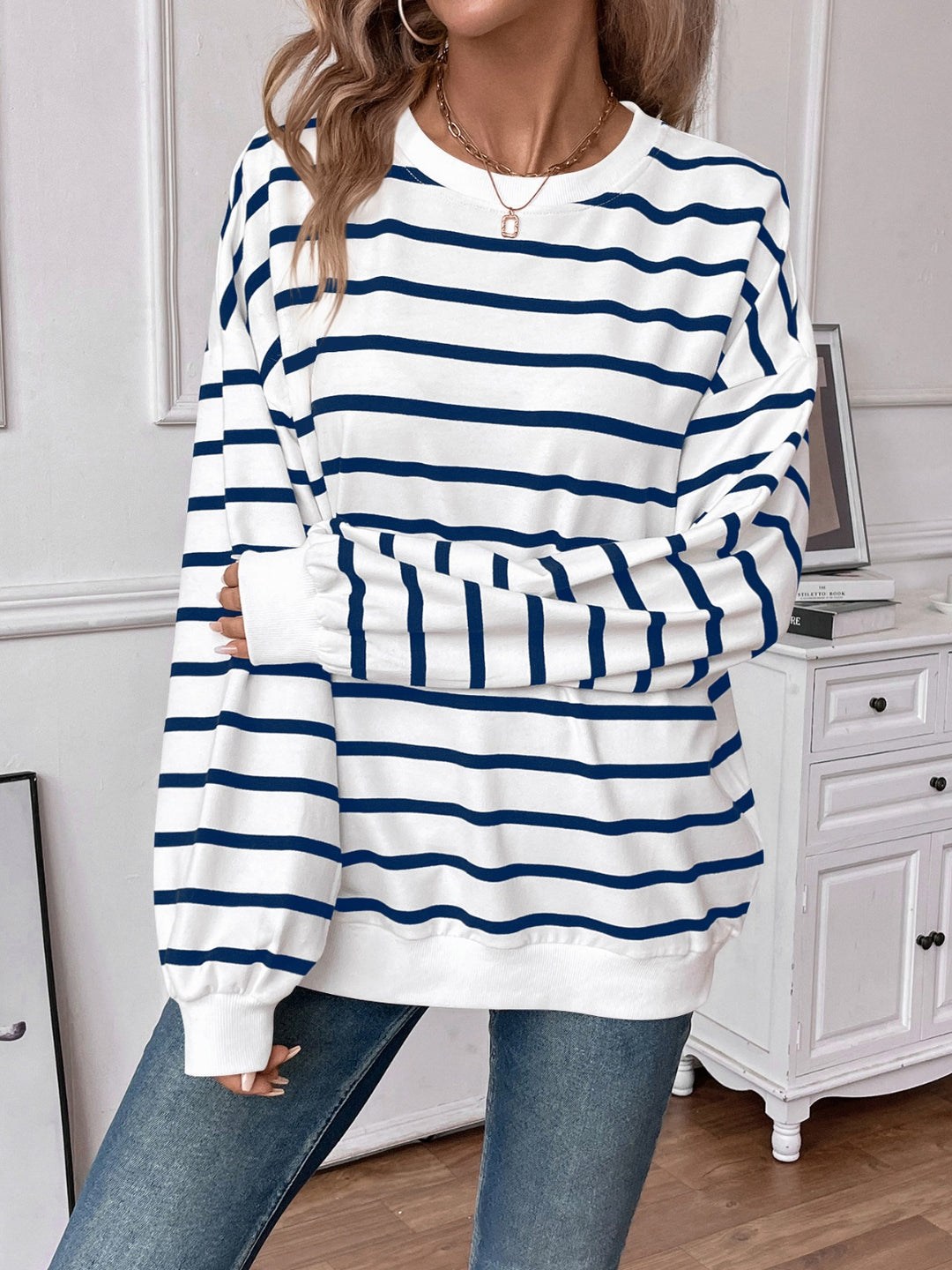 Striped Round Neck Long Sleeve Sweatshirt