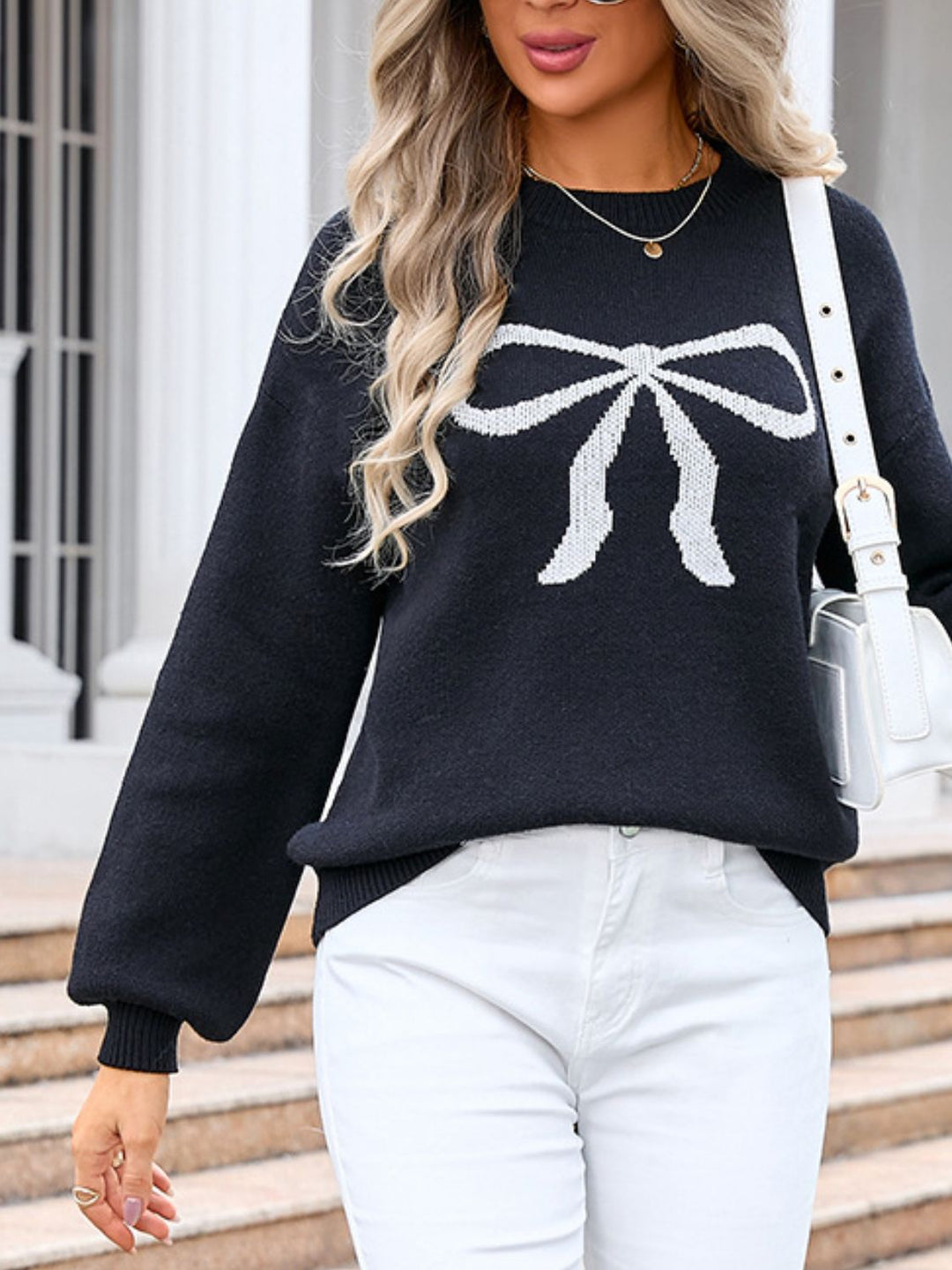 Bow Graphic Round Neck Long Sleeve Sweater