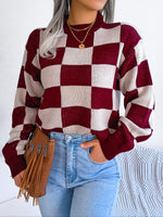 Checkered Mock Neck Long Sleeve Sweater