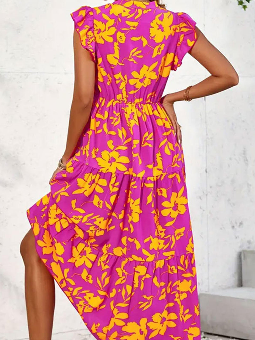 Ruffled Printed Cap Sleeve Midi Dress