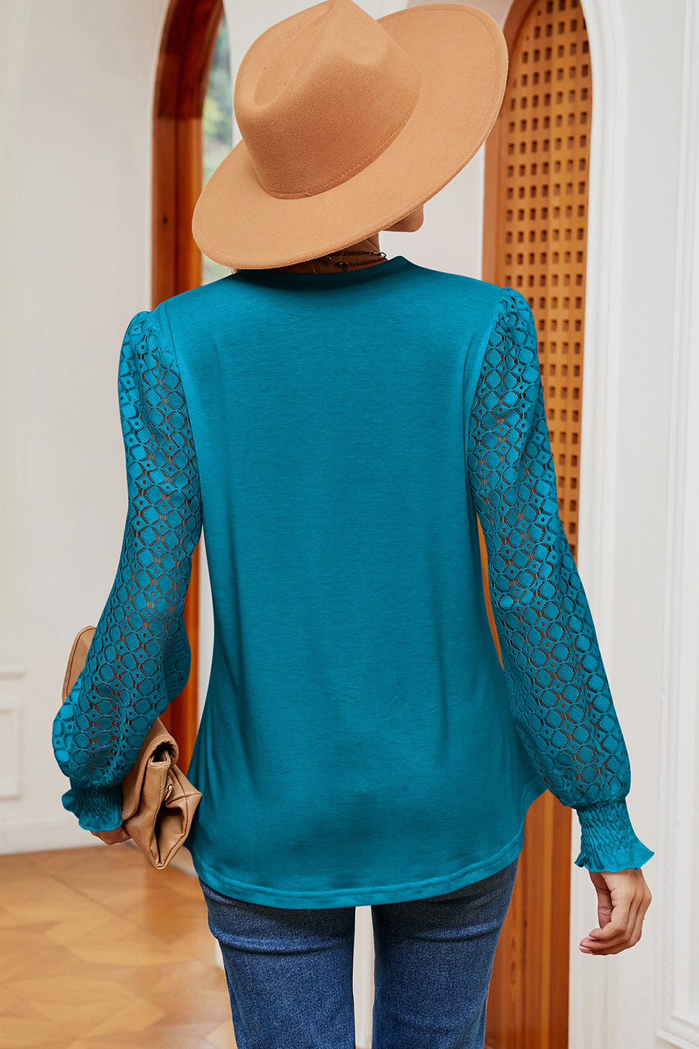 Openwork V-Neck Long Sleeve T-Shirt