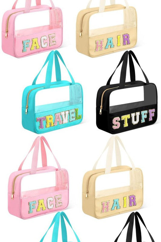 Chenille Letter Clear Travel Bag Luggage Makeup