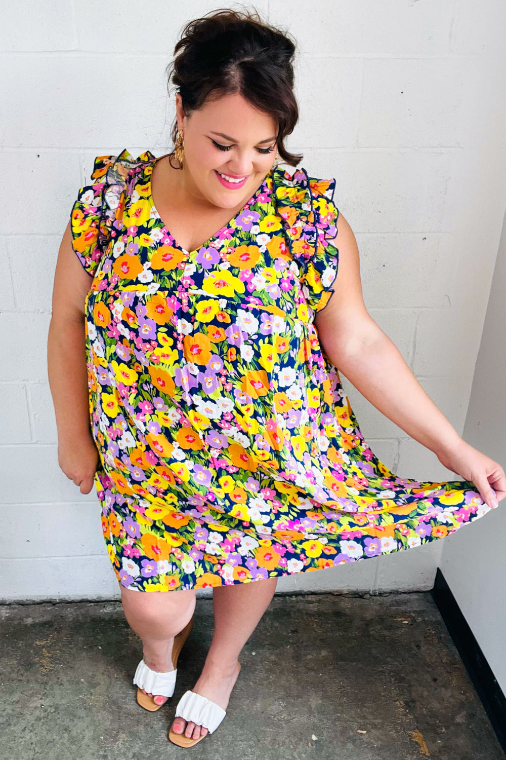 Indigo & Lemon Floral Babydoll Ruffle Dress