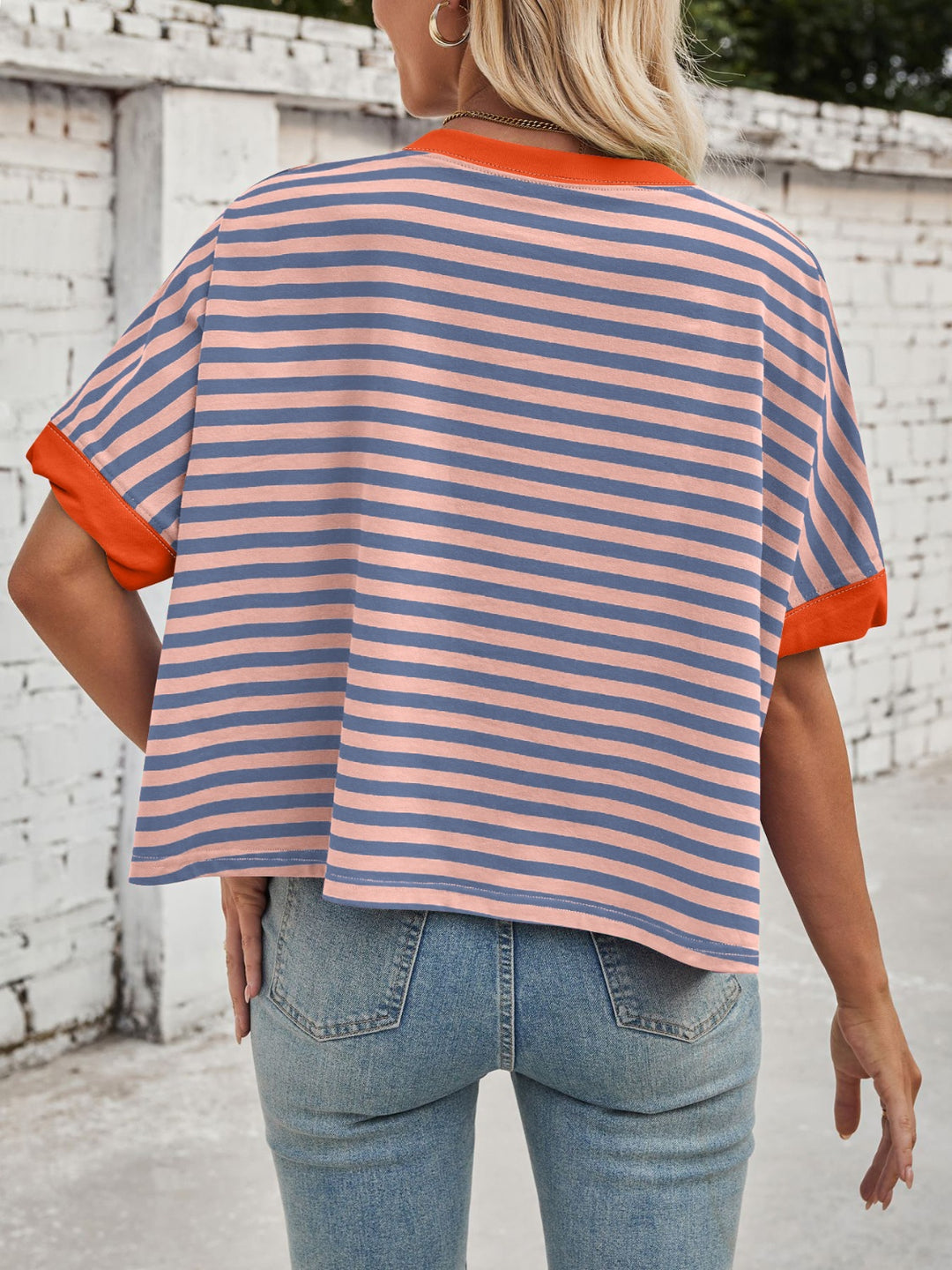 Lovelet Striped Round Neck Short Sleeve T-Shirt