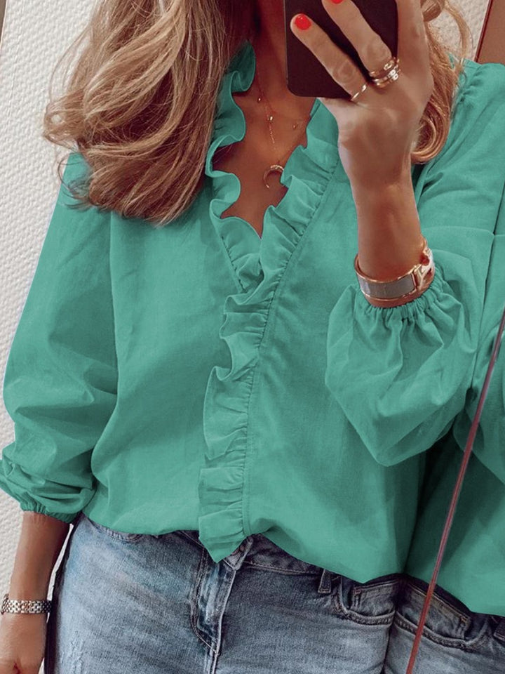 Full Size Ruffled V-Neck Long Sleeve Blouse