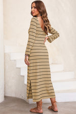 Slit Striped Round Neck Midi Dress