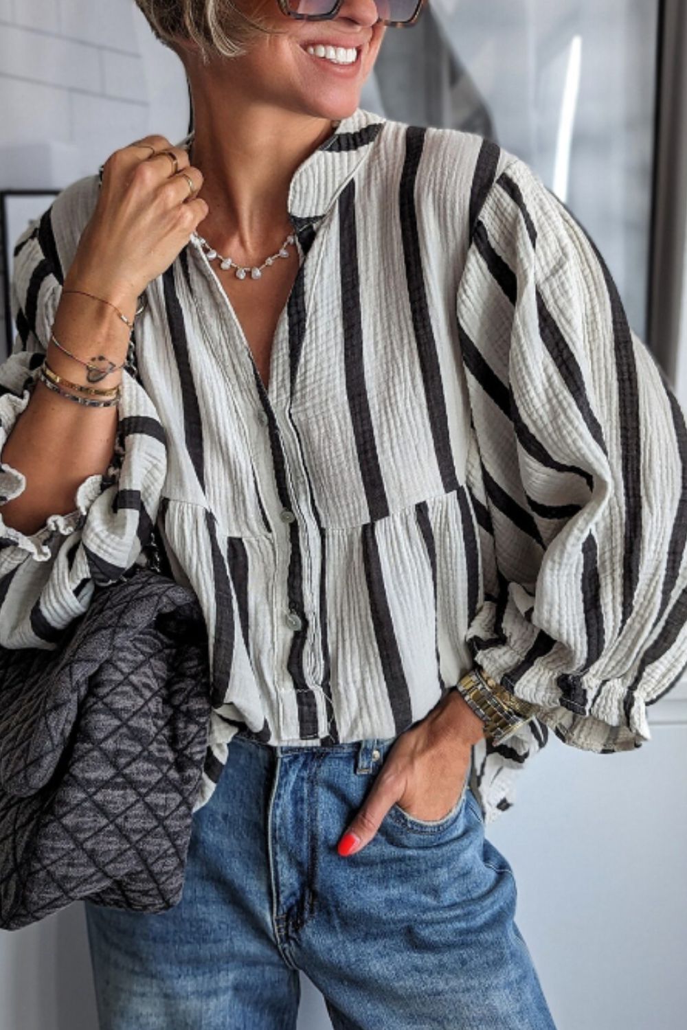 Striped Notched Three-Quarter Sleeve Blouse