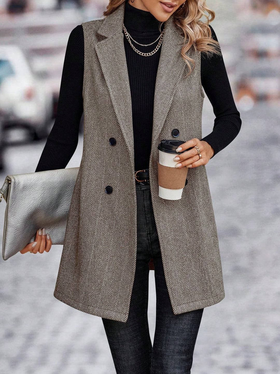 Buttoned Collared Neck Longline Vest Coat