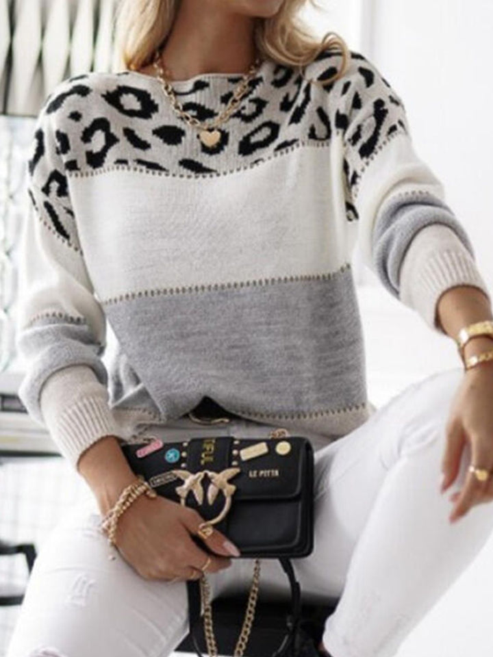 Leopard Color Block Round Neck Long Sleeve Sweater