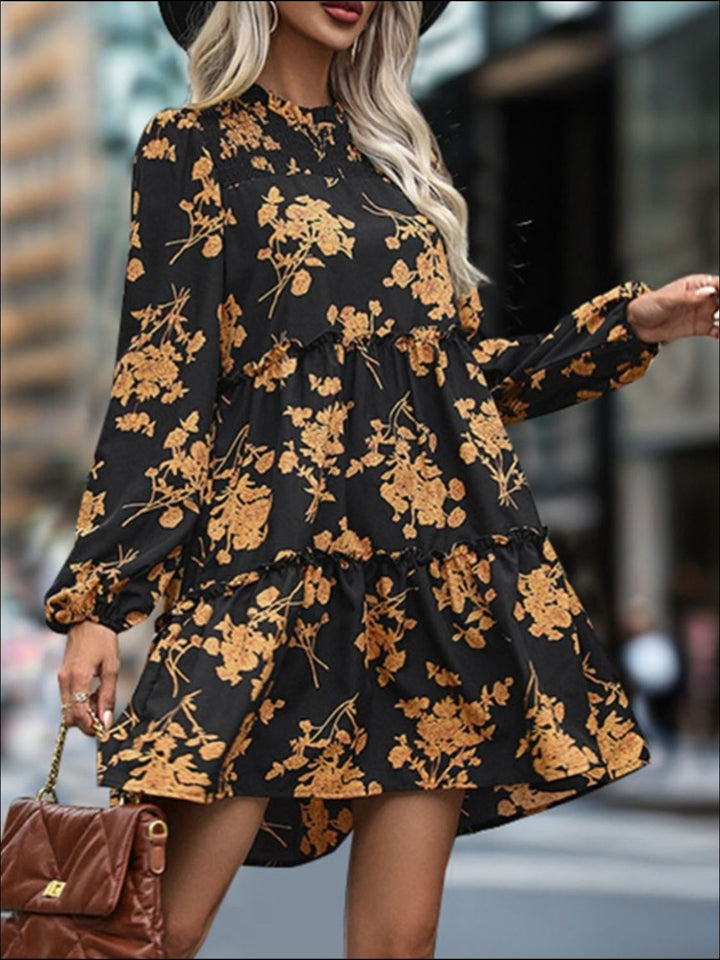 Frill Printed Long Sleeve Mini Dress