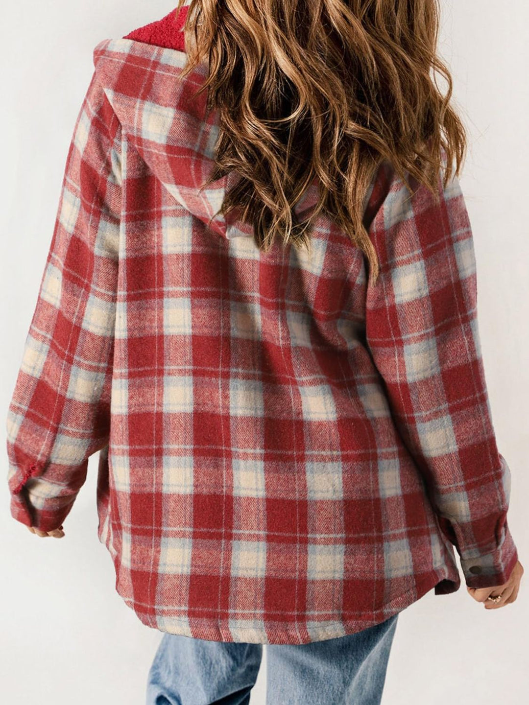 Plaid Snap Down Plush Hooded Jacket