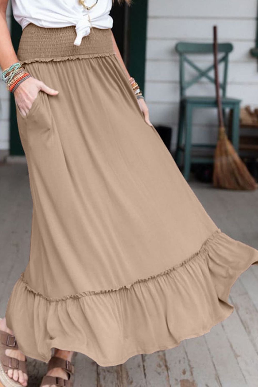 Smocked Frill Maxi Skirt