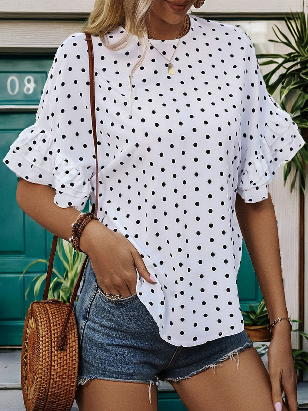 Slit Polka Dot Round Neck Half Sleeve Blouse