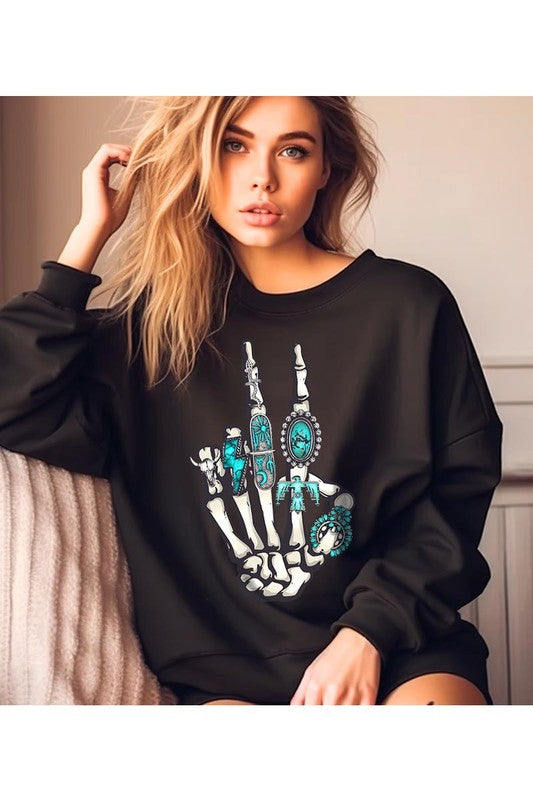 Skeleton Concho Rings Graphic Fleece Sweatshirts